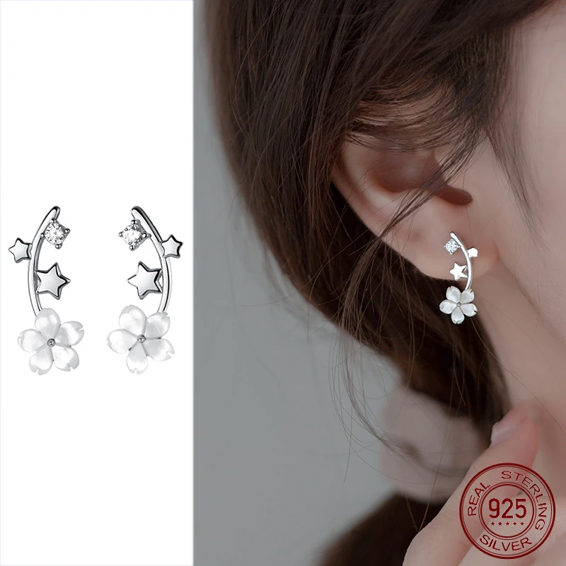 La Monada Womens Earrings Silver 925 Ear Piercing Flower Ziron Five pointed star Silver Stud Earrings Girl Cute Sweet