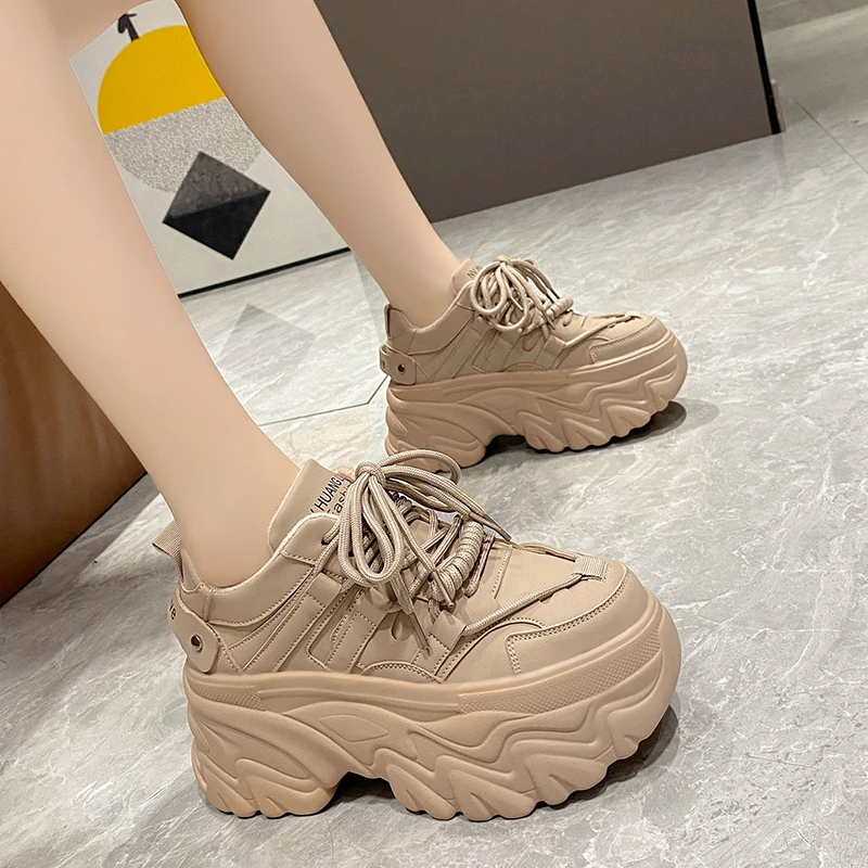 Women Winter Platform Leather Sneakers Warm Plush Cotton Shoes Tennis 8CM Wedge Heels Lace-up Chunky Dad Fur Shoes Woman Mujer