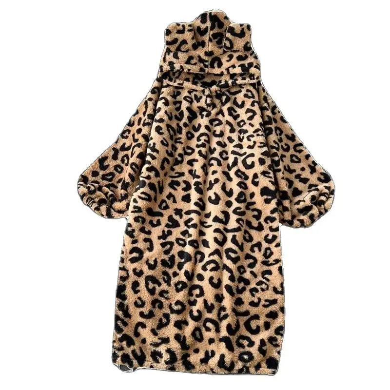 Lazy Style Plush Pajamas For Women\'s Home Wear Winter Thickened Loose Fitting Hooded Leopard Print Dress Warm Robe Z4674