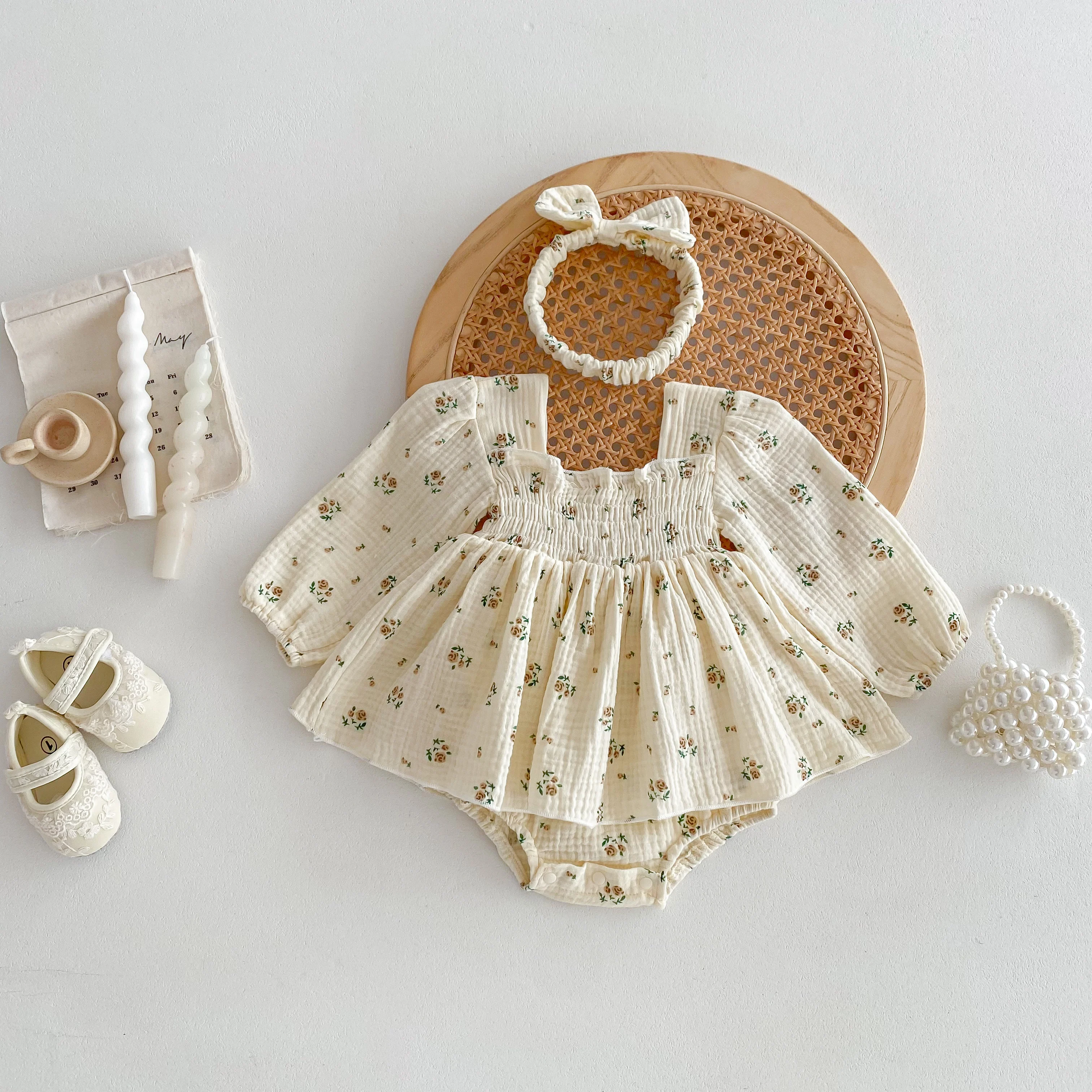 INS style Baby's Spring Autumn Jumpsuit Baby Girl's Princess Hare  Small Floral Dress Western style Sweet with Headband Dress