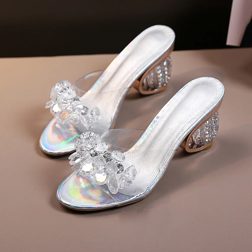 VKJF 2023 New PVC Jelly Sandals Women Crystal Peep Toe High Heels shoes Crystal Transparent Heel Sandals Slippers Pumps