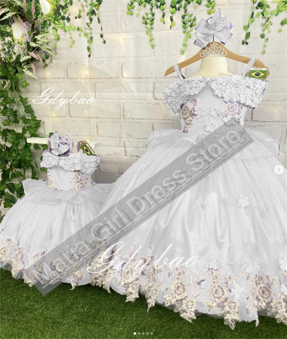 Light Purple Mesh 3D Flower Flower Girl Dress White Lace Appliqué For Little Girl Birthday Wedding Party Dress