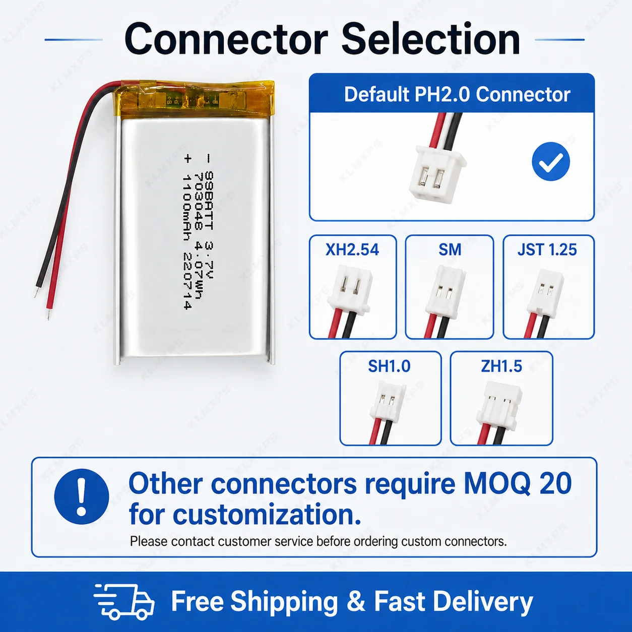 703048 3.7V 1100mAh  Rechargeable PH2.0 Li‑Po Battery with Optional Custom Connector for Dog Training Collar Toy DIY