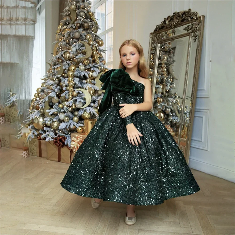 

Flower Girl Dress Luxury Glitter Sequined One Shoulder Black For Wedding Princess Big Bow Puffy Party First Communion Gow