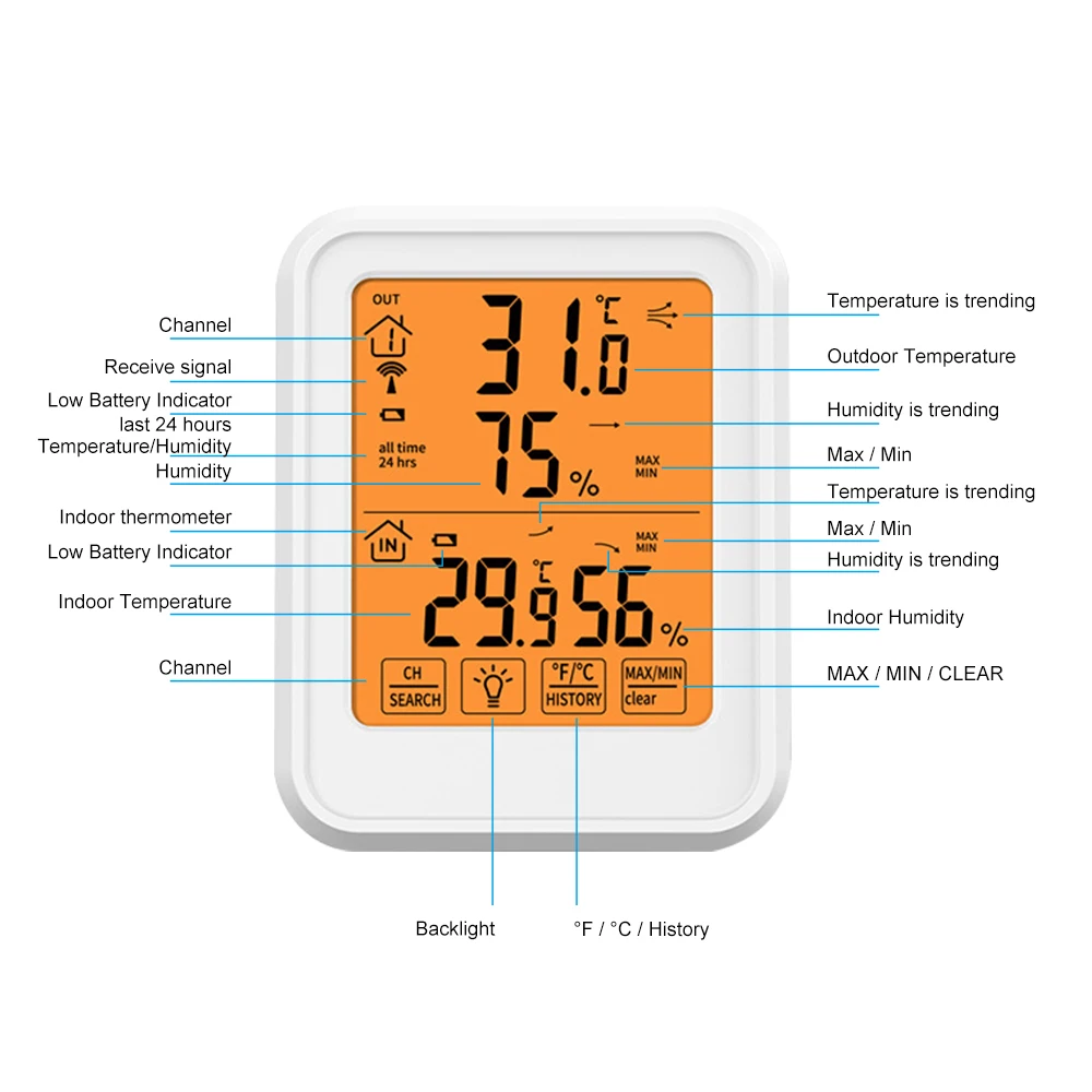 Stazione meteorologica Wireless termometro esterno per interni igrometro temperatura digitale umidità sensore remoto Touch Screen retroilluminazione