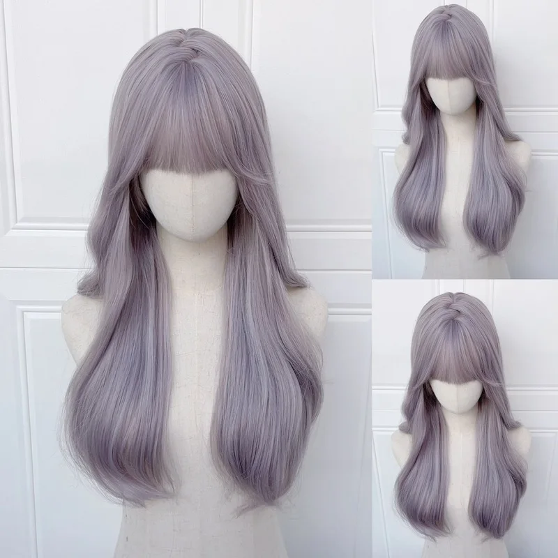 Xingcheng Wig for Women, Long Gray-Purple Curly Hair with Big Waves, Lolita Style, Naturally Brightening, Full Headpiece