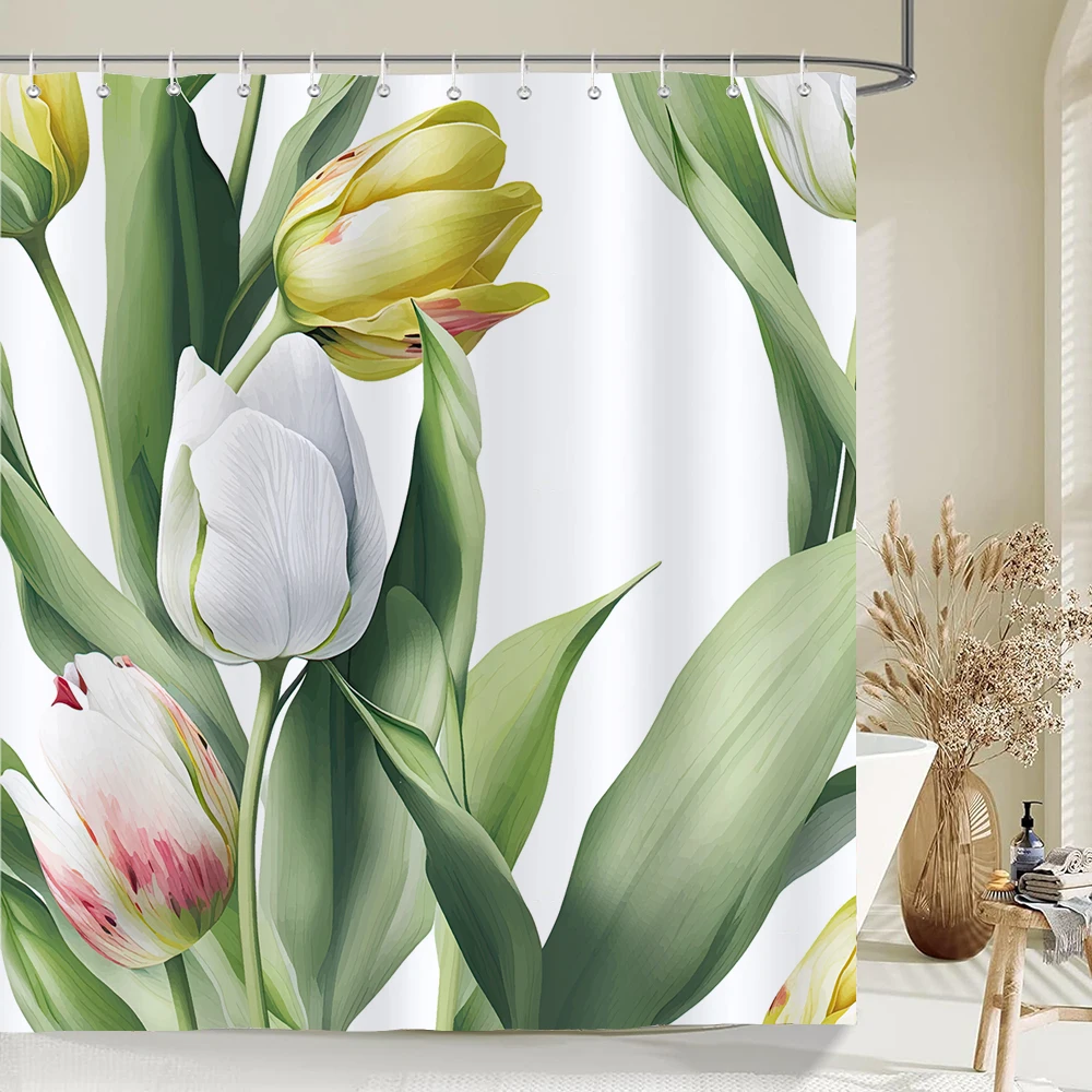 

Tulip Flowers Print Shower Curtains Watercolor Boho Floral Waterproof Polyester Bathroom Bathtub Curtain Room Decor With Hooks