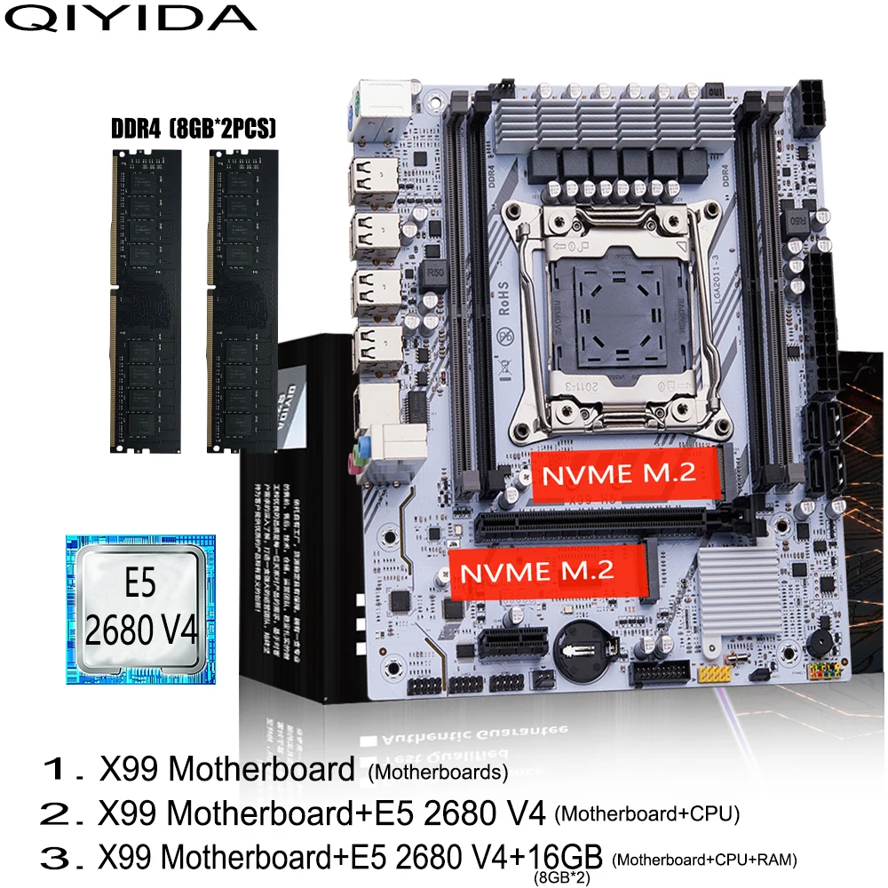 

QIYIDA X99 Motherboard Set Kit LGA2011-3 Xeon E5 2680 V4 DDR4 2x8gb=16GB PC4 SATA PCI16x3.0 NVME M.2 Gaming Computer