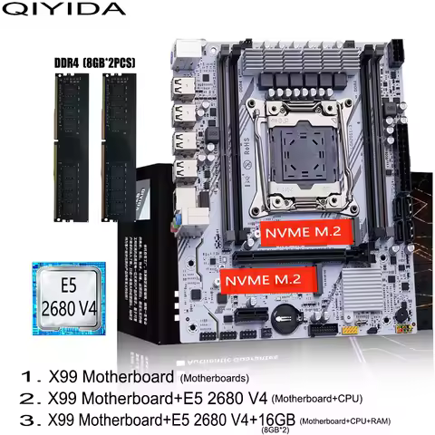 QIYIDA X99 Motherboard Set Kit LGA2011-3 Xeon E5 2680 V4 DDR4 2x8gb=16GB PC4 SATA PCI16x3.0 NVME M.2 Gaming Computer