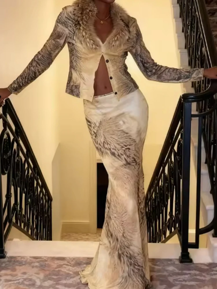 المرأة عادية كم طويل طباعة سليم 2 قطعة دعوى أنيقة أفخم المرقعة تنورة طويلة وتتسابق مثير الخامس الرقبة زر المحاصيل القمم وتنورة مجموعة #1