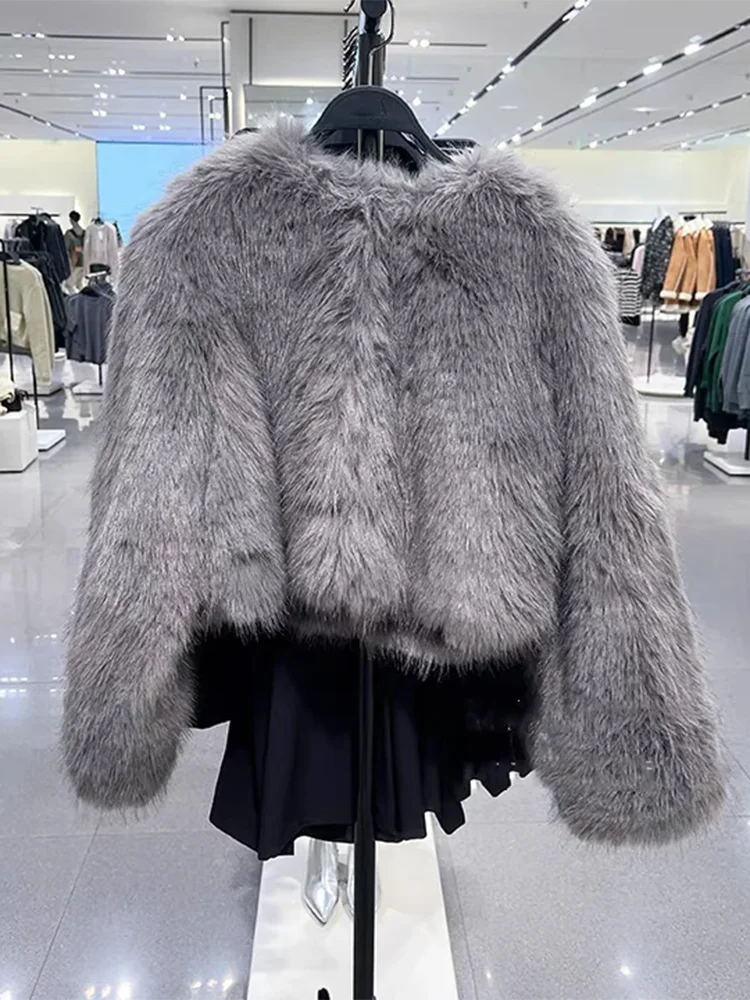 Autumn Winter Women\'s Cardigan Jacket Round Neck Pocket Fur Coat Solid Loose Suede Jacket Streetwear Vintag Outerwear