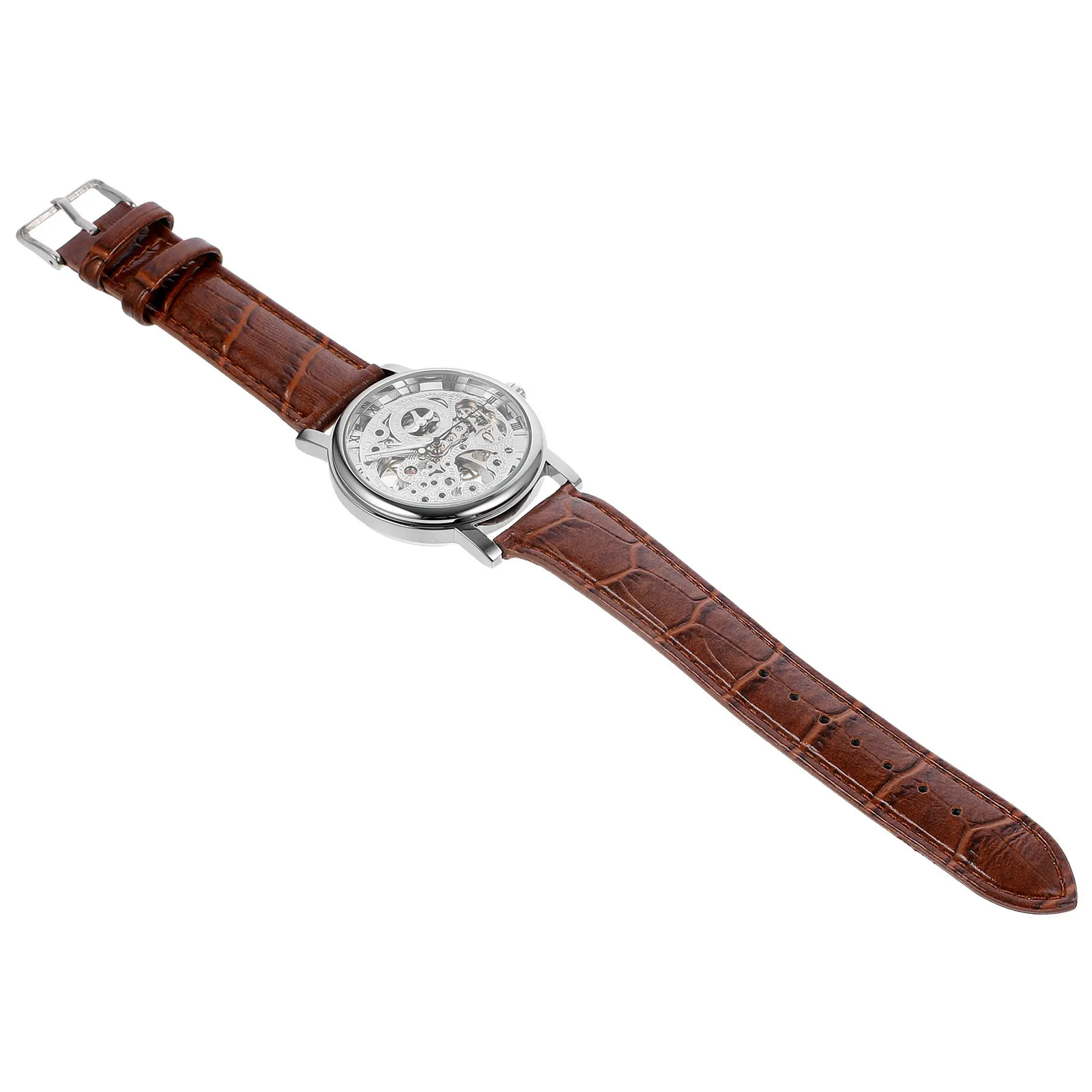 

Men Mechanical 036 Manual Winding Hollow-Out Round Dial Silver Brown Adjustable PU Band Precise Movement Waterproof