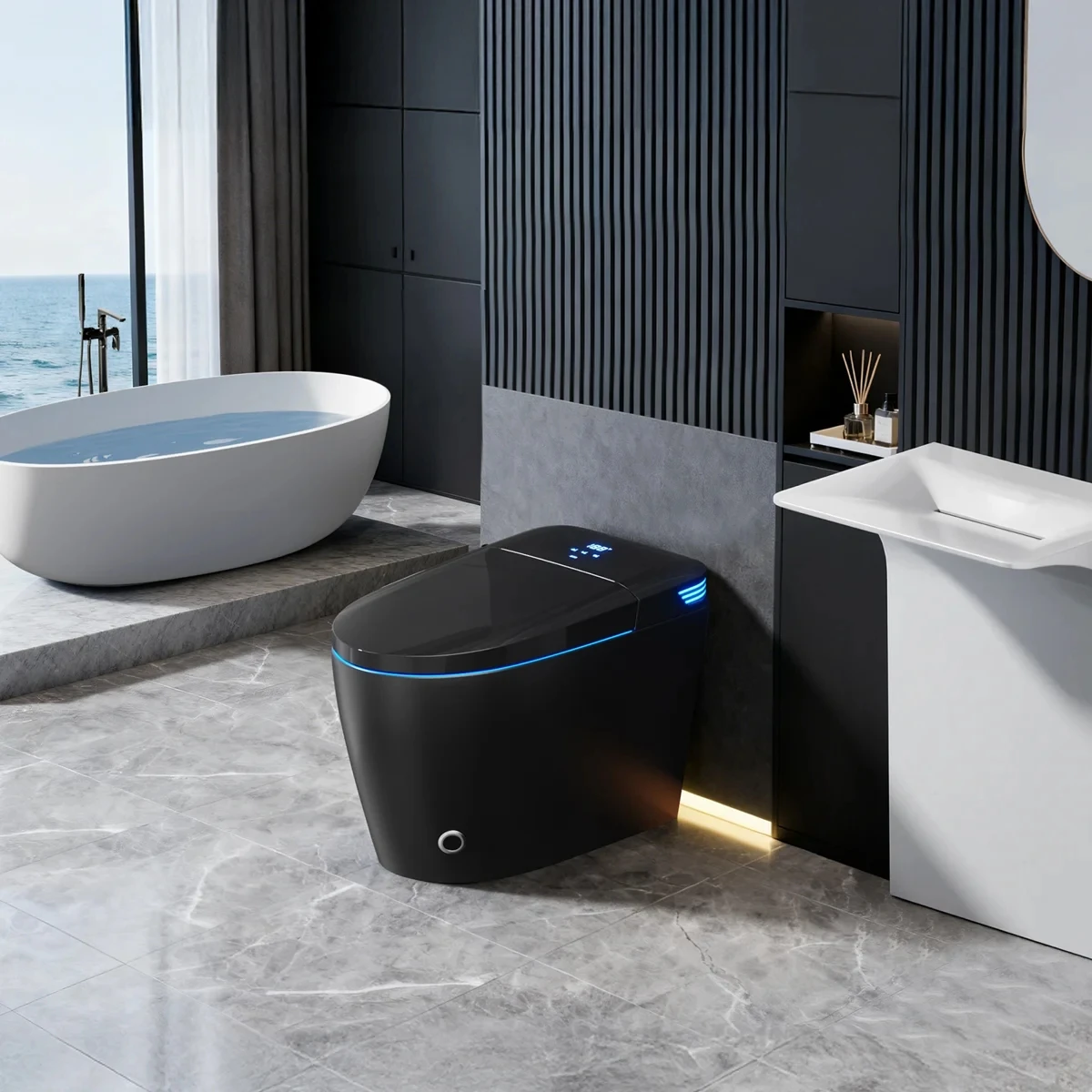 Black Smart Toilet With Advance Bidet And Auto-Open Lid, MaP 1000g,Soft-Closing Heat Seat, 1.28GPF Auto Dual Flush, Massage Clean, Warm Wash/dryer, Remote Control