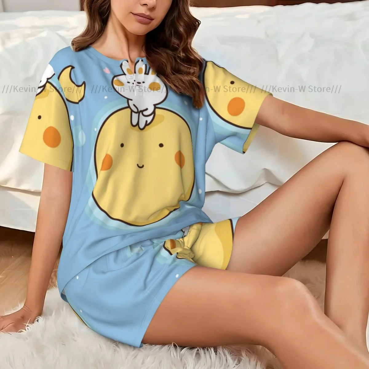

Woman Pajamas Set Rabbit Sit On Planet With Miss You Text Summer Short-Sleeved Female Suit Homewear