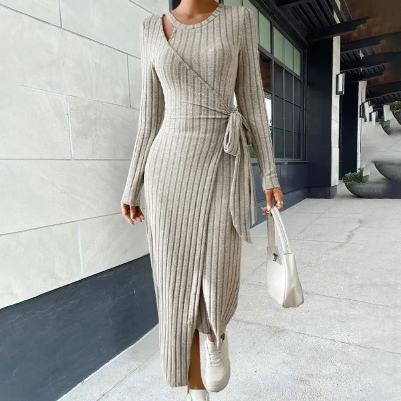 New Autumn/Winter Women\'s Fashion and Elegant Commuting Round Neck Solid Long Sleeve Lace up Waist Knitted Dress