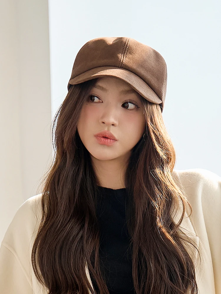 fashionable-versatile-women's-leather-hexagonal-hat-short-brim-cashmere-sheepskin-duckbill-cap-autumn-winter-casual-style-hat