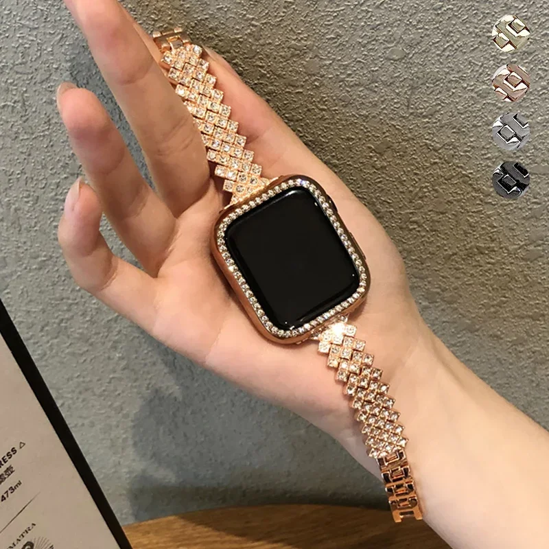 Luxury metal diamond bracelet+case for Apple Watch band 44 41mm 42mm for iwatch 7 SE 6 5 4 38 45 40mm stainless steel loop strap