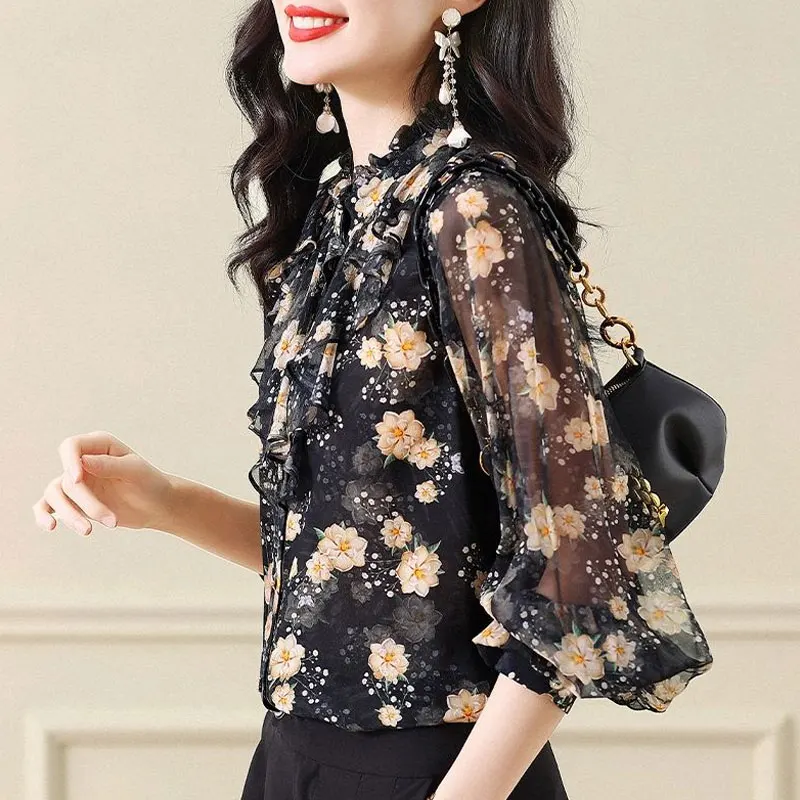 Spring Summer Office Lady Fashion Floral Printed Blouse Female Long Sleeve Elegant Stand Collar Ruffles Spliced Chiffon Shirt