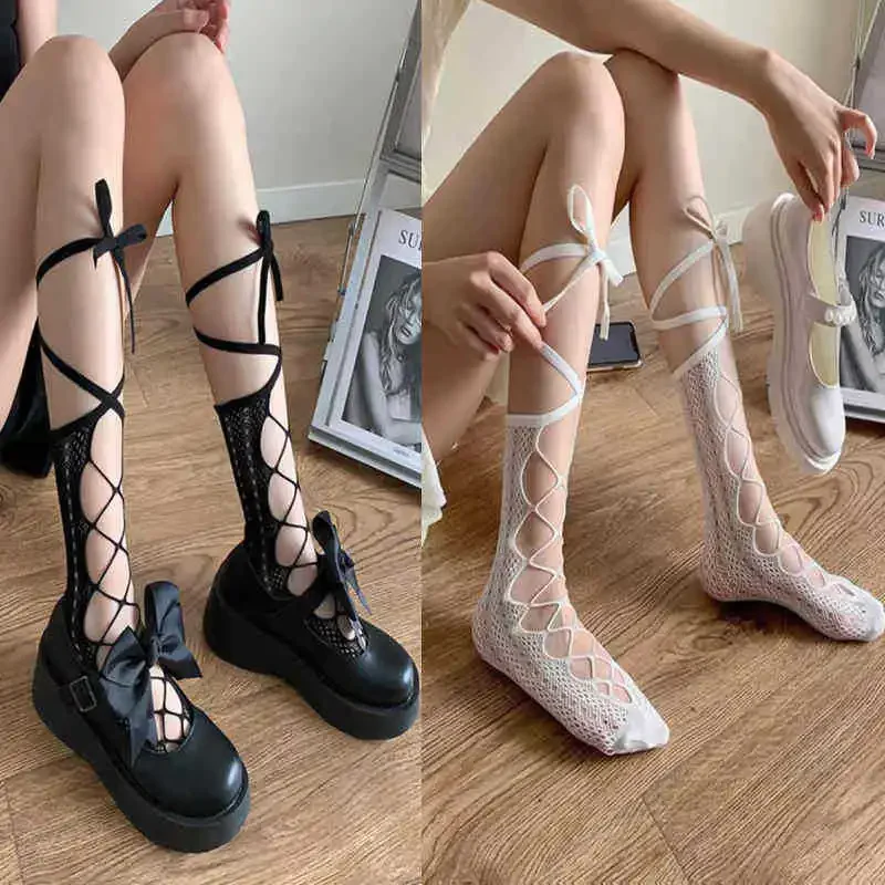1/2 Pairs Spring and Summer Thin Breathable Cross Calf Strap Long Tube Socks Street Loli Sweet Girl Fashionable Cute Socks 2026