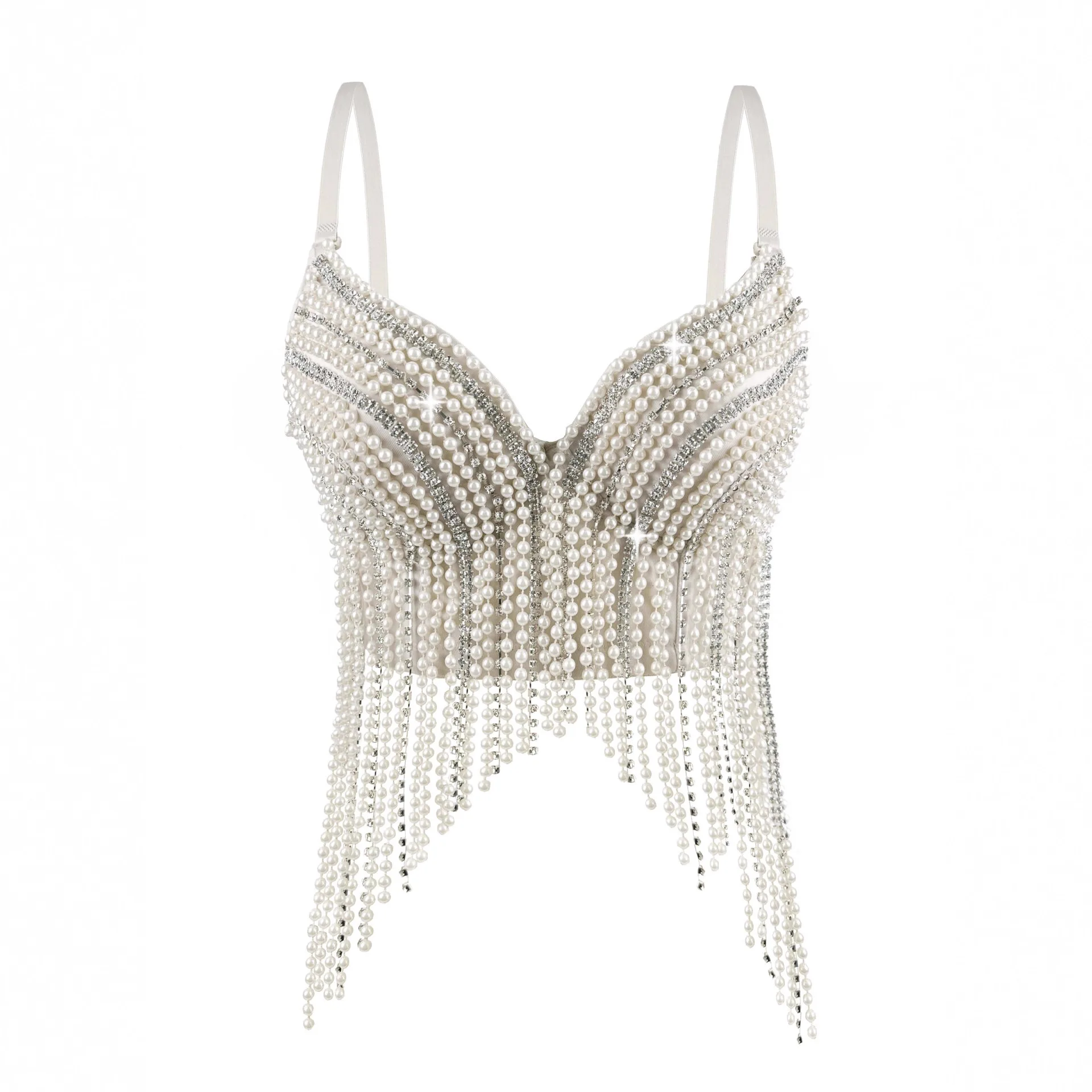 Women's Pearl Beaded Tassel Crop Top Sparkly Rhinestone Spaghetti Strap Corset Bustier Backless Party Club Cami Top