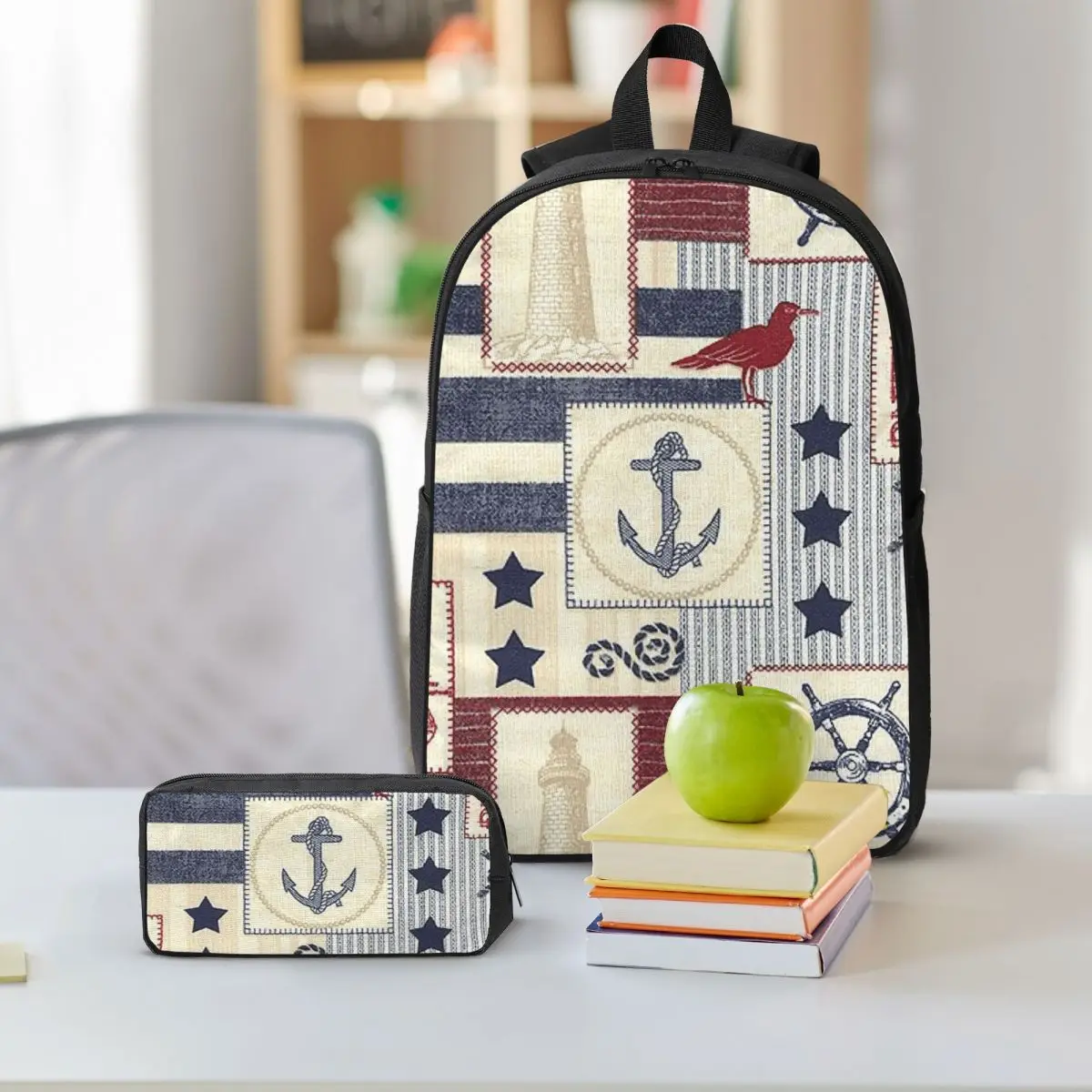 Navy Blue Nautical Anchor-Shaped Backpack Student BookBag School Bag Shoulder Bags 3ps Insulated Lunch Bag Pencil Case