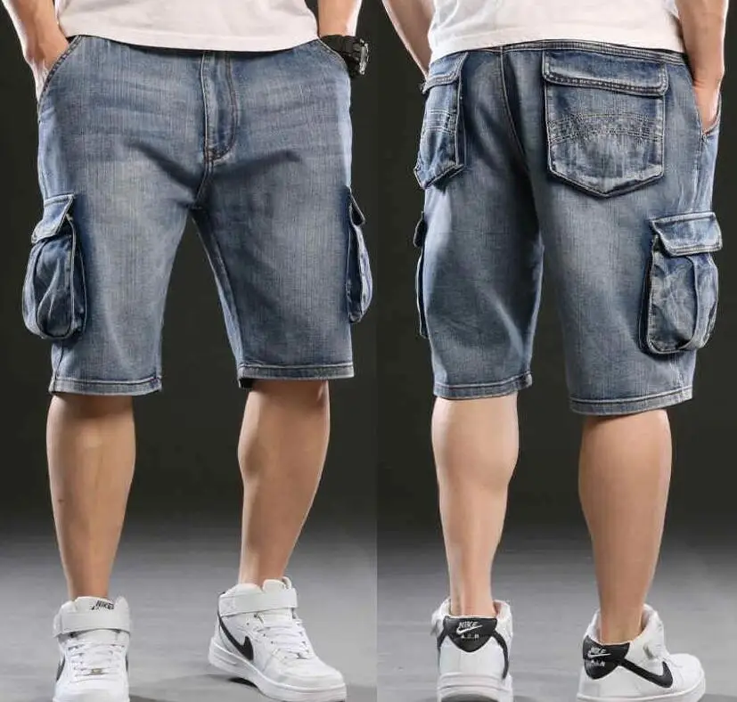 Retro Make Old Cargo Denim Shorts, Men\'s Straight Loose High Street Knee Length Jeans