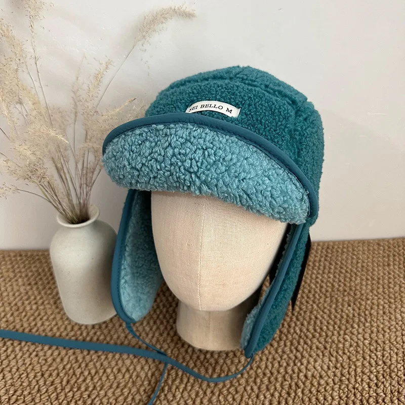 Koreanische Damen-Trapper-Mütze aus Kunstlammfell, warme Bomber-Mütze mit Ohrenklappen, winddicht, wendbarer Schirm, Wintermütze für kaltes Wetter, Outdoor-Mütze – Detail 5