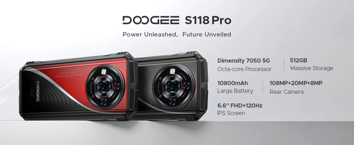 DOOGEE S118 Pro 5G Rugged Phone Dimensity 7050 10800mAh Battery 6.6'' FHD 120Hz 8GB 512GB 108MP AI Main Camera NFC Cell Phone