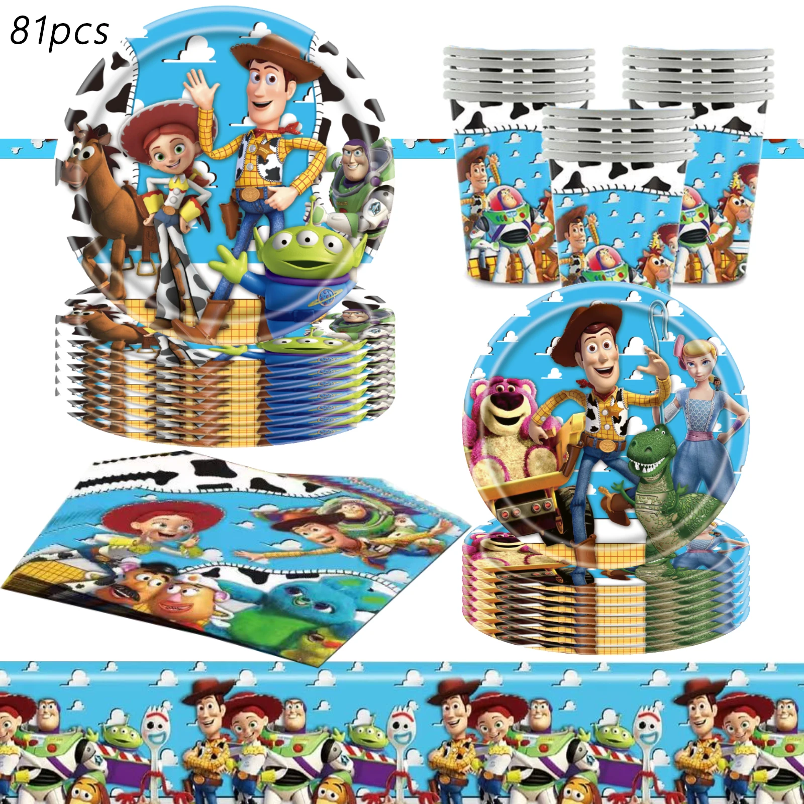 Fournitures de fête Toy Story, gobelets en papier, assiettes, serviettes et nappe pour décorations de fête d'anniversaire Toy Story