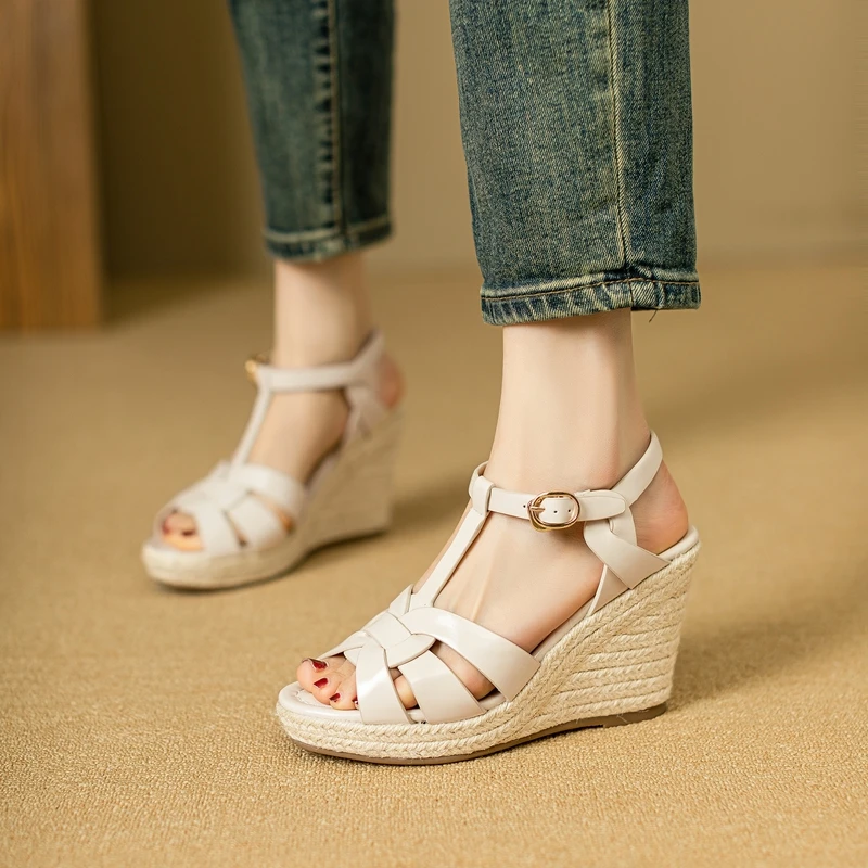 

Women's New Spring/Summer Square Headed Open Toe Real Leather Weaving Slope Heel High Heel Cross Roman Sandals