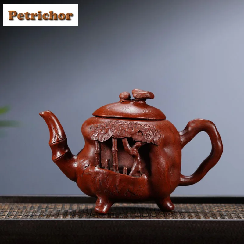 

460ml Authentic Yixing Purple Clay Teapots Handmade Tripodia Bamboo Stone Pot Raw Ore Red Mud Kettle With Infuser Zisha Tea Set