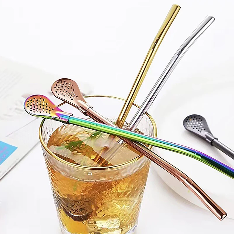 2 pezzi filtro cucchiaio di paglia 304 cannucce in acciaio inox colino da tè Cocktail Shaker Coffee Bar cucchiai di miscelazione filtrati