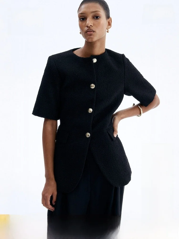 

Женский модный вельветовый костюм H&M с круглым вырезом и одной пуговицей, повседневный стиль, для работы, собеседований, с коротким рукавом, стандартной длины