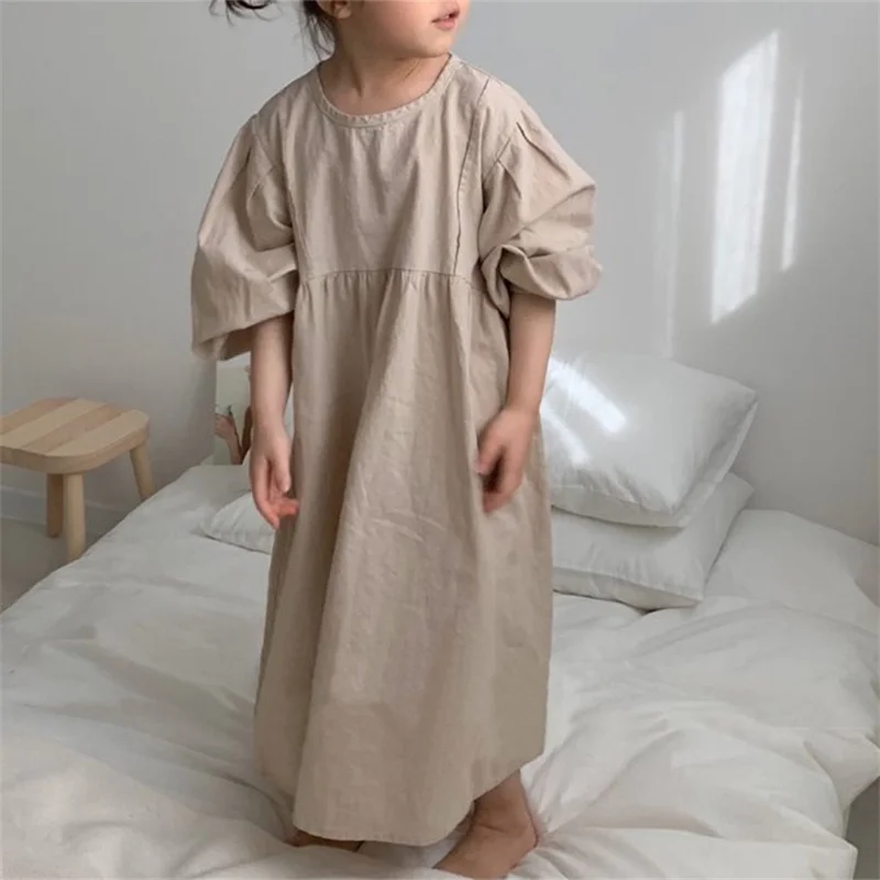 Family Matching Clothes Spring Summer Girl Dress Mother Daughter Long-sleeved Solid Cotton Dress Women Dress Family Look Outwear