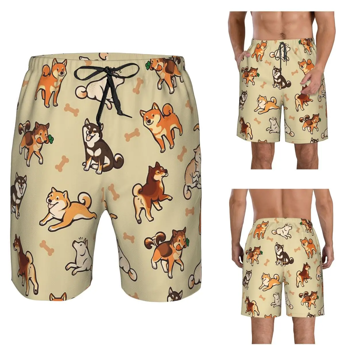 Shiba Inu Lovely Cute Dogs In Cream Trunks Beach Board Shorts Casual Quick Dry Swim Summer Men Pants