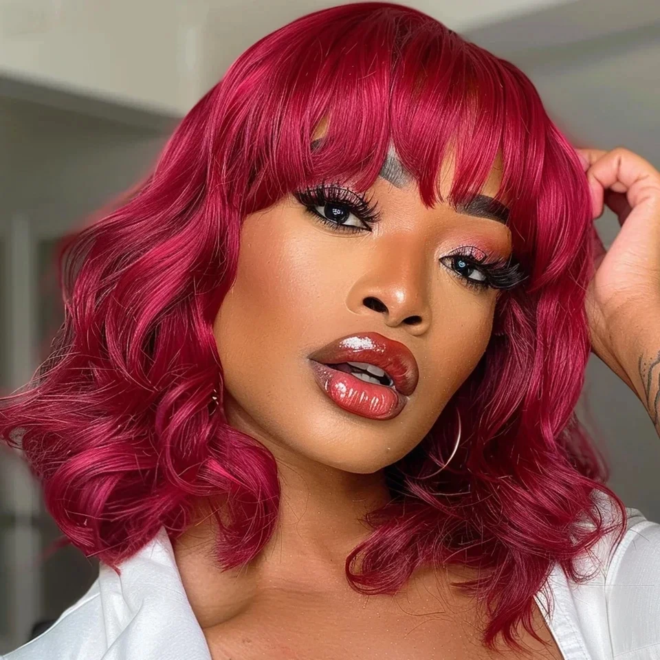 

Rose Red Wig With Bangs Short Bob For Daily Ready To Wear Wigs Short Bob Wigs Short Body Wave Human Hair Wigs Full Machine Made