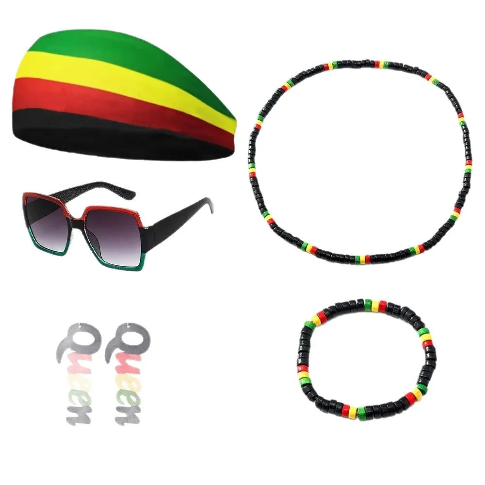 Festival Unisex Knit Braid Hat Jamaican Bob Rasta Beanie Hip Hop Cap Men Costume Retro Bracelet Necklace Clothing Glasses Set view 5