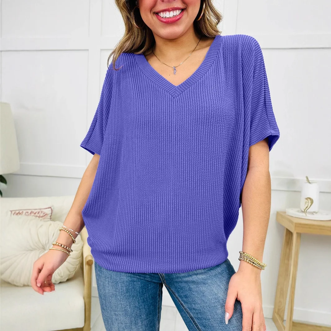 Multicolor Loose Fit V-Neck Casual T-Shirt Women's Top Summer New Style Versatile Loose Shirt Short Sleeve Comfortable Shirt