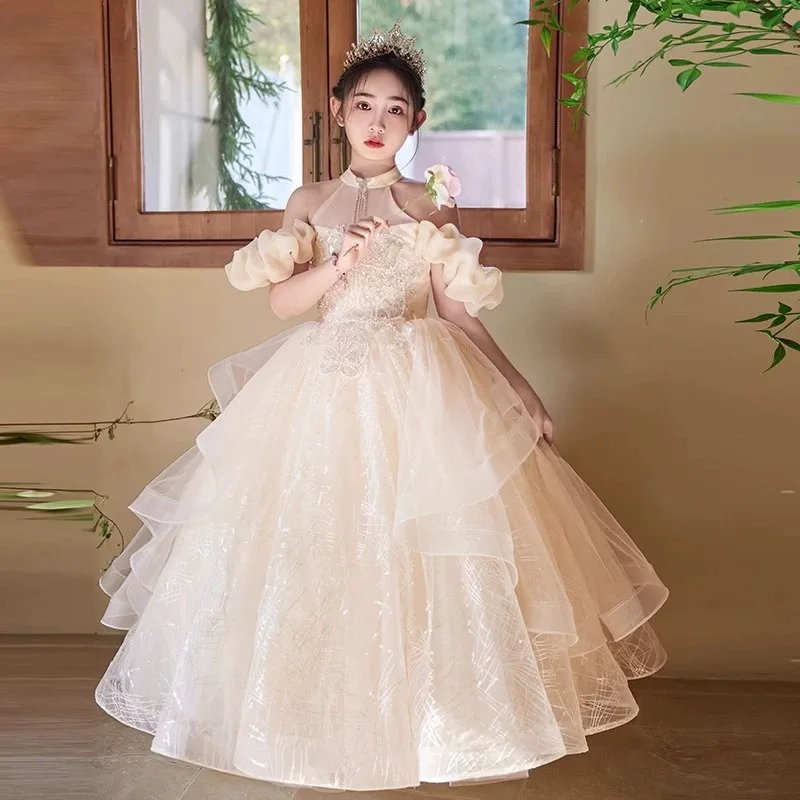 

Girl Princess Dresses Champagne Flower Girls Wedding Party Dress New Ball Gowns High-Necked Gown Beauty Contest Customized