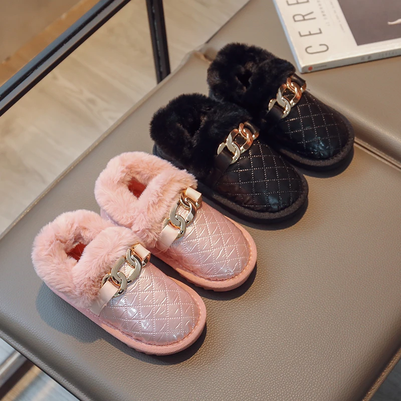 Metallic Buckle Decor Fluffy Loafers Quilted Pattern Soft Sole Platform Shoes Winter Plush Round Toe Snow Shoes