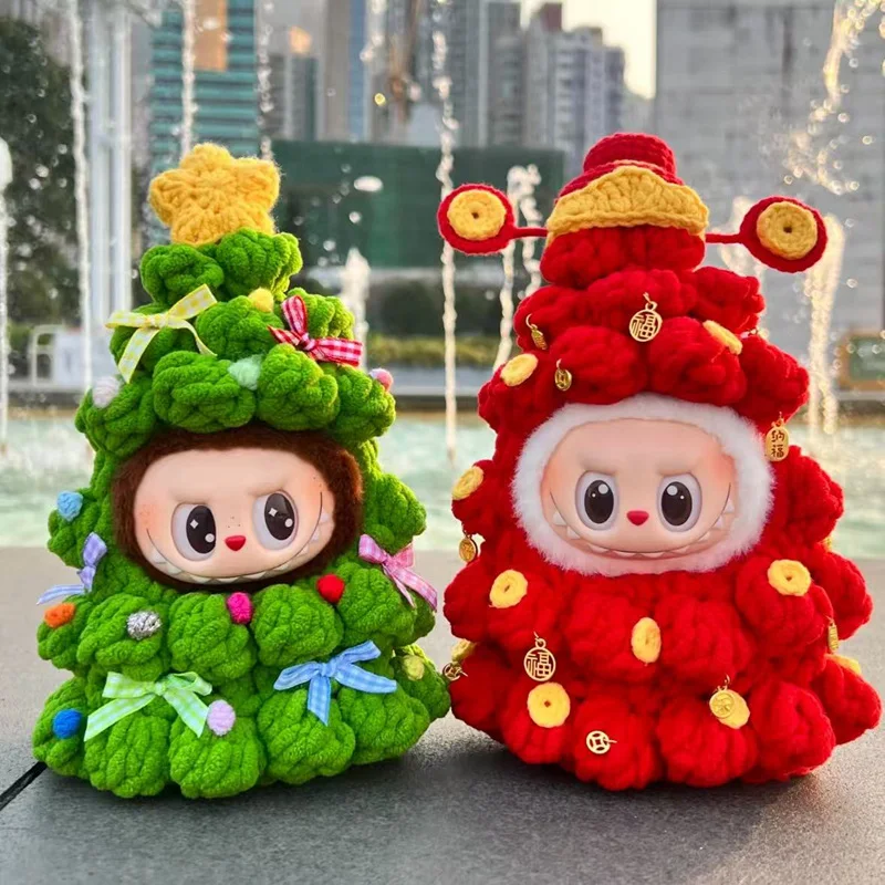 

10-17cm Kawaii Labubu Clothes New Red Green Christmas Tree Crochet Idol Doll Clothes DIY Dress Up Plush Doll Accessories Gifts