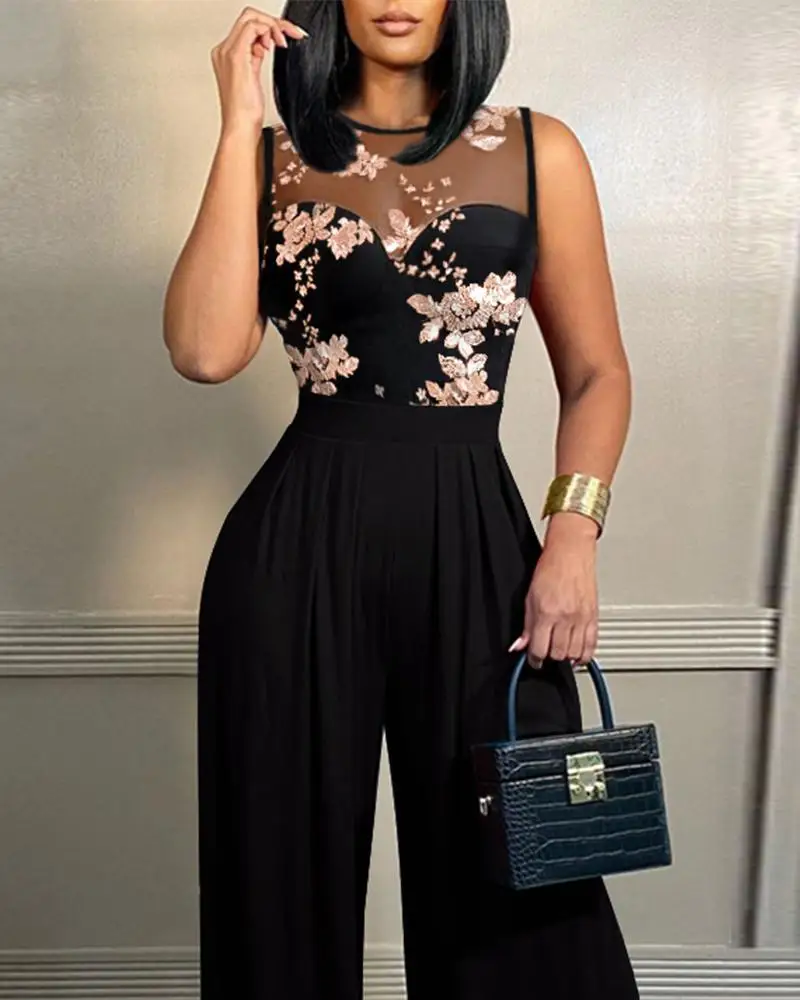 Faionable Tuta casual patchwork con paillettes Svel da donna Pantaloni a gamba larga a vita alta Pantaloni lunghi asimmetrici da strada