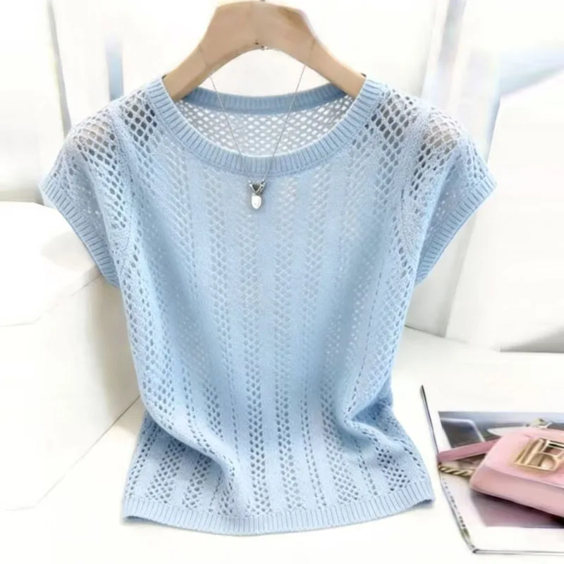

Knitted Sweater Women Pullovers Summer New Short Sleeve O-Neck Sueter Feminino Hollow Out Knit Sweater Pullover Women Tops Q4824