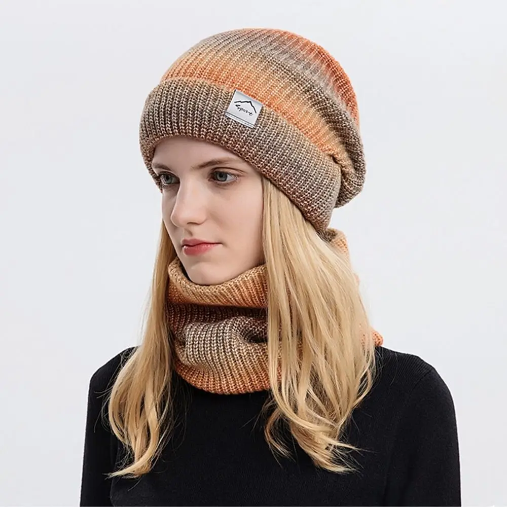 Gorro de lana de punto cálido, protección para los oídos, gradiente, gorro grueso, conjunto de bufanda, invierno, nuevo