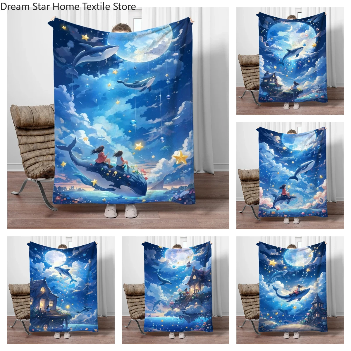 

Anime Girl With Whale Flannel Blanket Soft Keep Warm Throw Blanket Blanket For Sofa Office Bed Office Camping Travelling Gifts