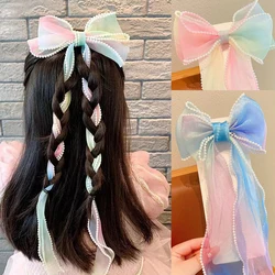 2PCS Elegant Mesh Bow Ribbon Hair Clips Girls Cute Faux Pearl Tassel Hairpins Girls Party Performance Hair Accessories Gift