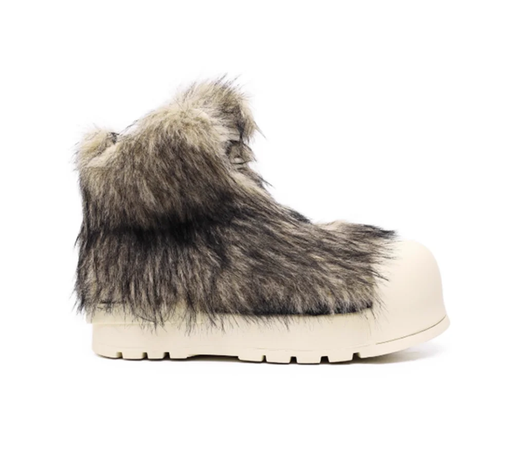الذئب الرمادي فو الفراء حذاء من الجلد مكتنزة كريم منصة وحيد عالية أعلى عدم المتابعة جولة تو موضة شتاء دافئ في الهواء الطلق حذاء كاجوال