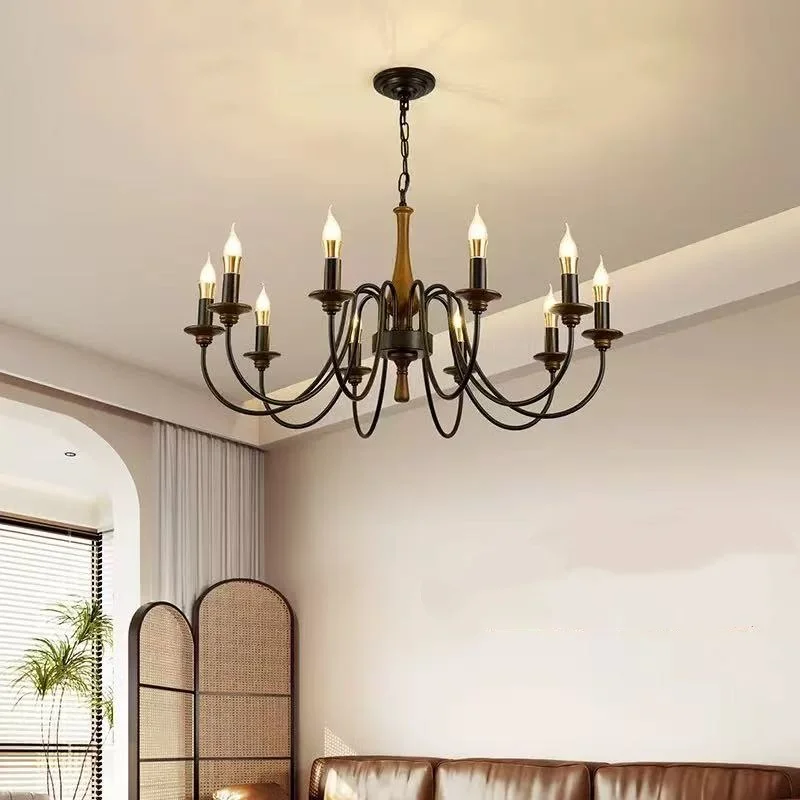 

American Retro Candle Chandelier Living Room Solid Wood Iorn Pendant Light Bedroom E14 Led Luminarias Restaurant Hanging Lamp