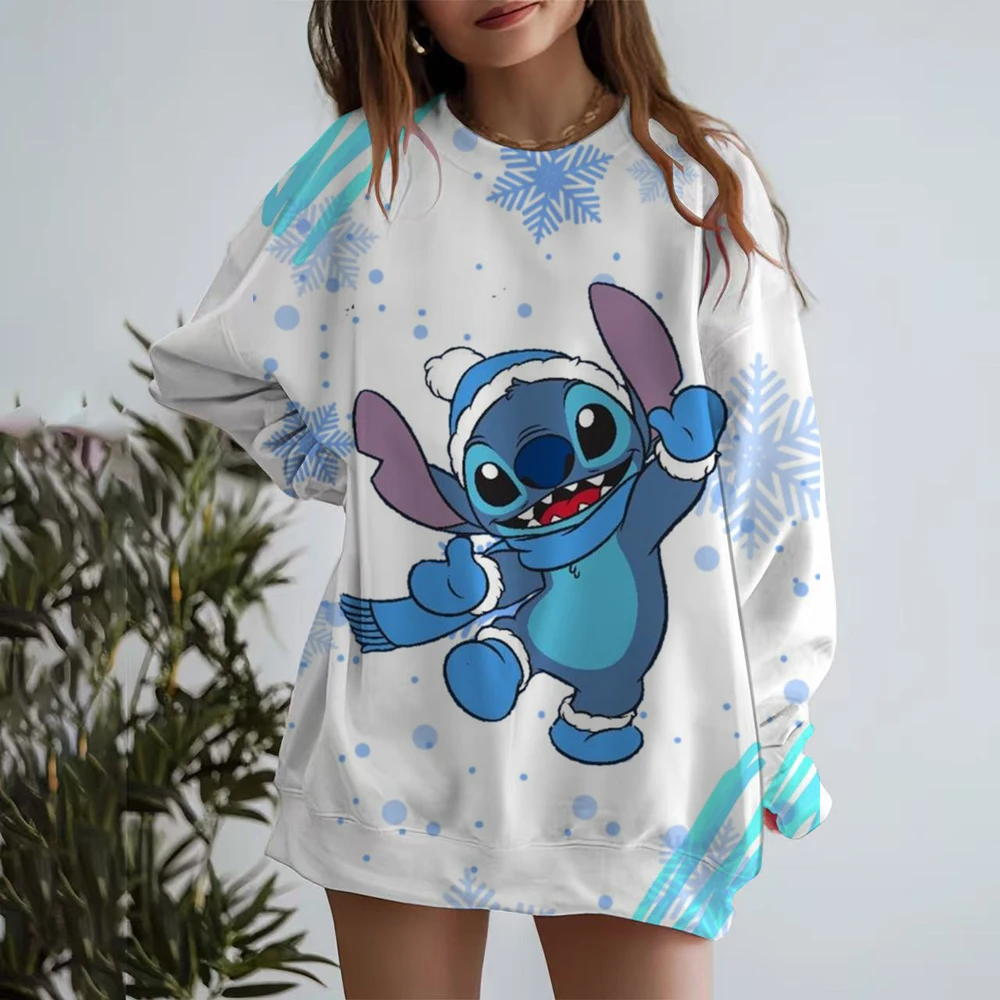 

Ladies' Disney Stitch printed sweatshirt, spring and autumn round neck Christmas pullover, Korean loose fitting clothing