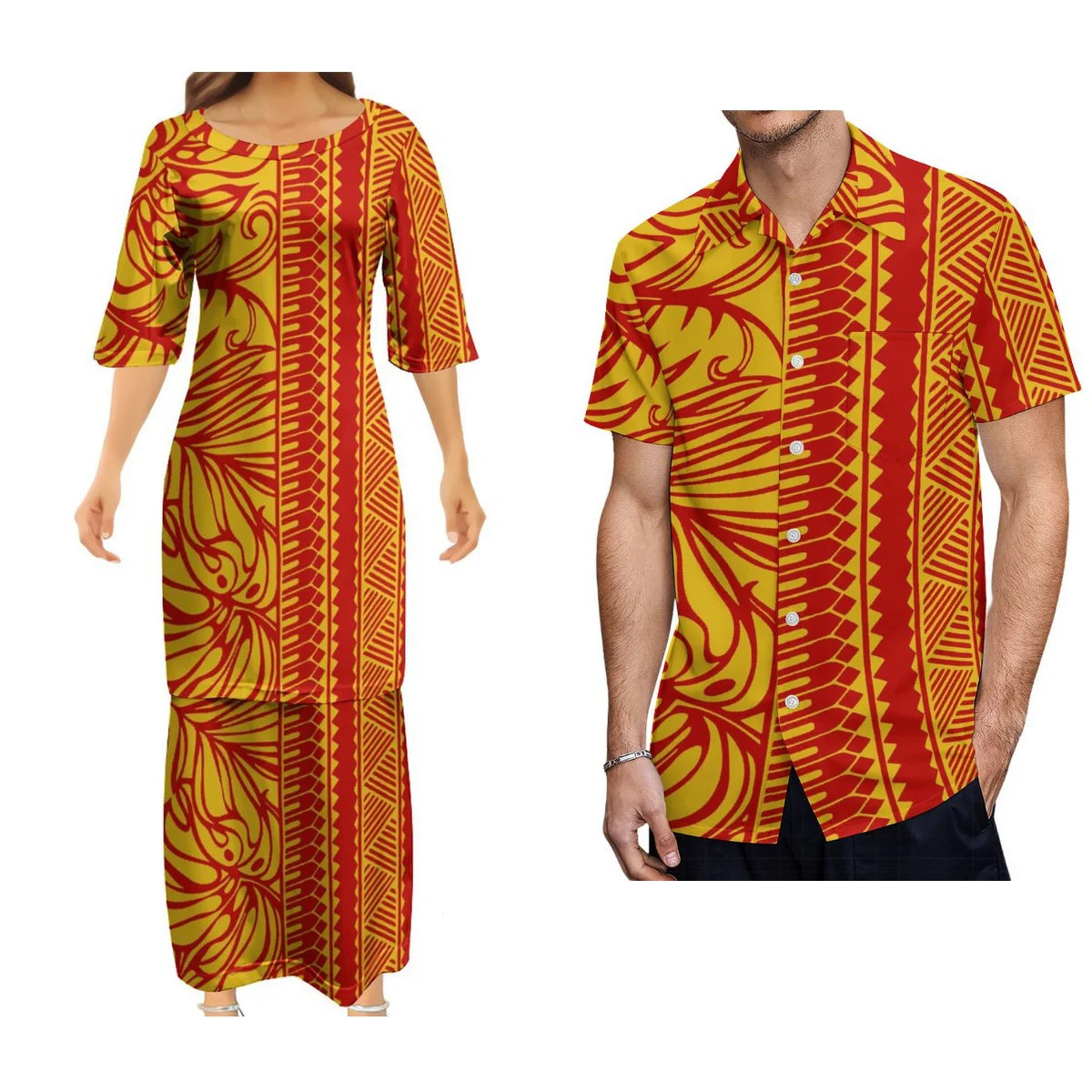 Pacific Islands Puletasia 2024 New Polynesian Tribal Ethnic Style Dress And Men'S Shirt Short Sleeve Couple Party Clothing